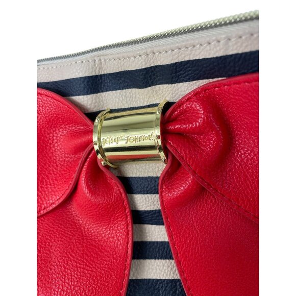 Betsey Johnson Bow-Nanza Wristlet Red Bow Gold Accents Blue Striped - Picture 3 of 11